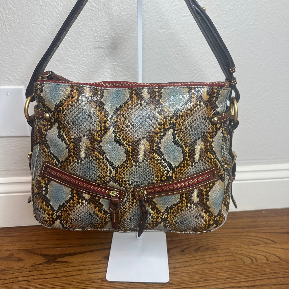 Dooney & Bourke Python Leather Shoulder Brown Blue Snakeskin Bag Red Lining - Picture 2 of 12
